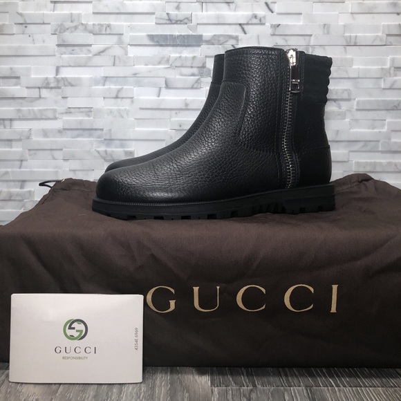 Gucci Shoes - Gucci Black Pebbled Leather Moto Zip Ankle Boots